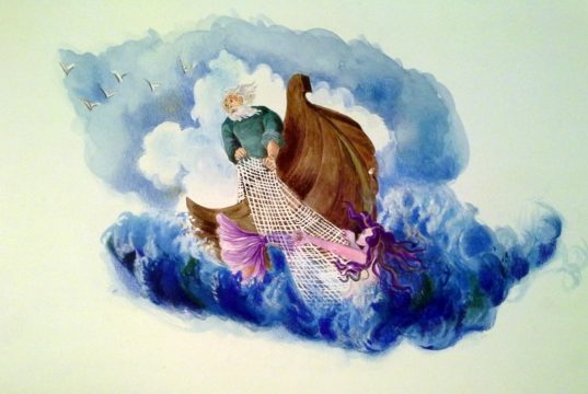 Mercedeh Khadivar Mohseni kuvitti persiankielisen Kalevalan. Tässä kuvitusta runoon viisi, jossa Väinämöinen etsii Ainoa merestä ja saa hänet kalana veneeseen.